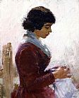Theodore Robinson Girl in Red Sewing painting